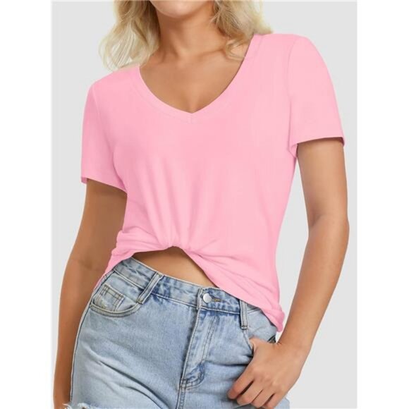 Womens V Neck Short Sleeve Summer T Shirts Curved Hem Plain Top Beach - Picture 4 of 7